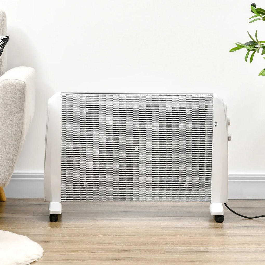 HOMCOM Radiator Electric Mică 1000W/2000W cu Termostat Reglabil, 15-20 m², 4 Roți, 79x27x54 cm, Alb | Aosom Romania