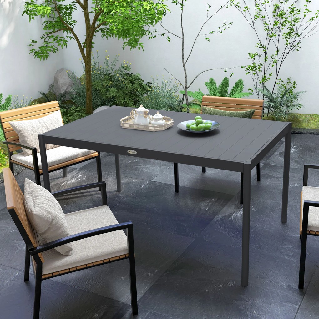 Outsunny Masă de Grădină cu Lamele, Dimensiuni 145x90 cm, Masă de Dining pentru 6 Persoane, Rectangulară, din Aluminiu și Oțel, pentru Curte, Terasă, Balcon și Exterior, Gri Închis | Aosom Romania