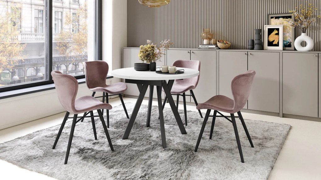 Mazzoni ALMO Alb Mat/picioare negre - MASĂ ROTUNDĂ EXTENSIBILĂ CU PICIOARE ÎN FORMĂ DE Y STIL LOFT PENTRU SALON/SUFRAGERIE