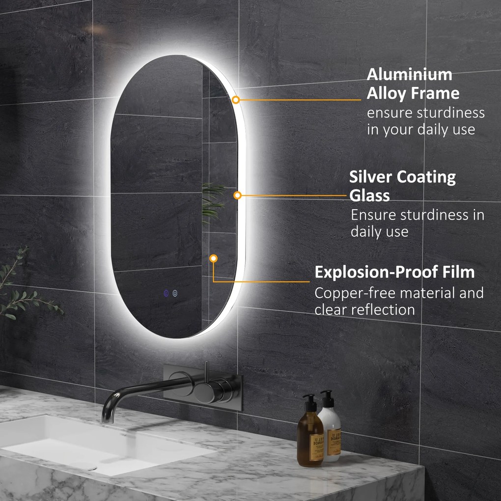 kleankin Oglindă de Perete cu Lumină LED în 3 Culori și Funcție Anti-Aburire, 81x51x4.5 cm, Transparent | Aosom Romania