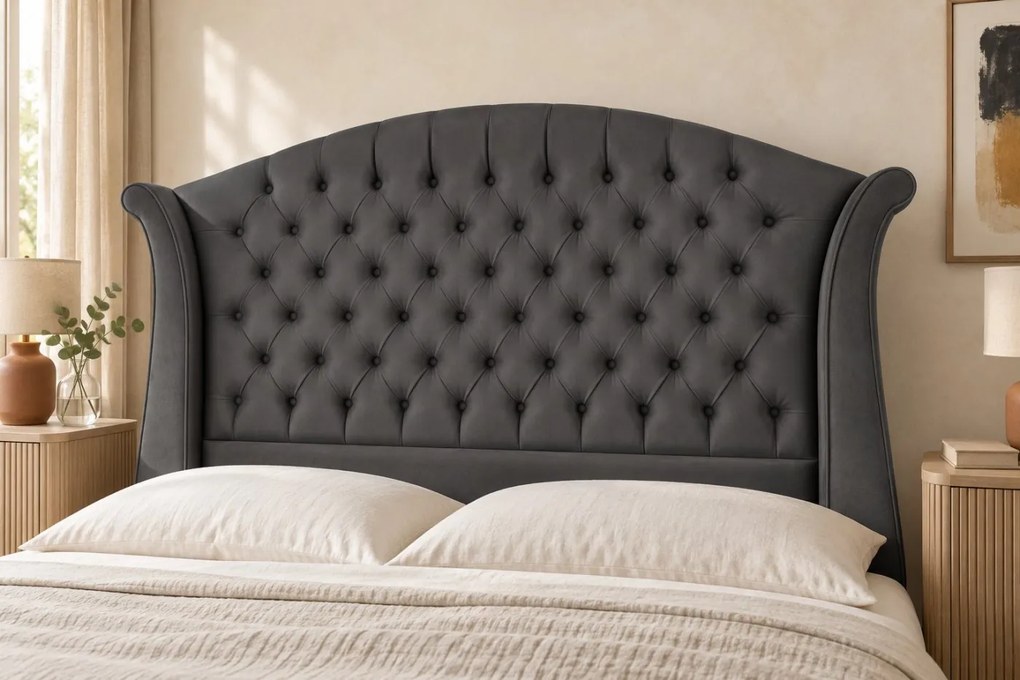 Pat tapițat Chesterfield din catifea Sorella Simple 160×200 cm, gri închis, cu ladă de depozitare