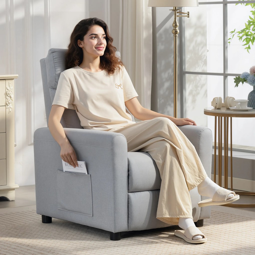 HOMCOM Fotoliu Reclinabil 135° max în Material cu Efect de In, Spumă, Oțel și Lemn, 73x86x100 cm, Gri Deschis | Aosom Romania