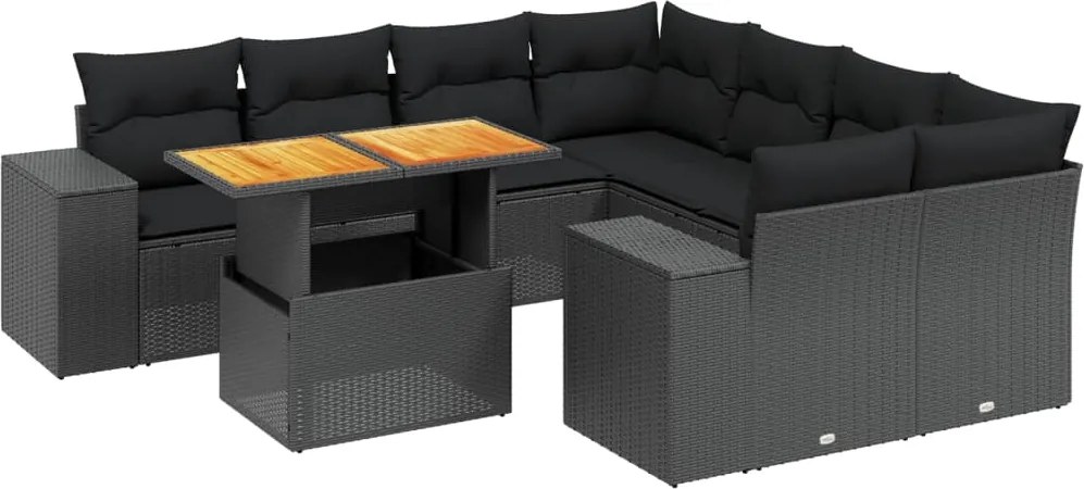 vidaXL Set mobilier de grădină cu perne, 9 piese, negru, poliratan
