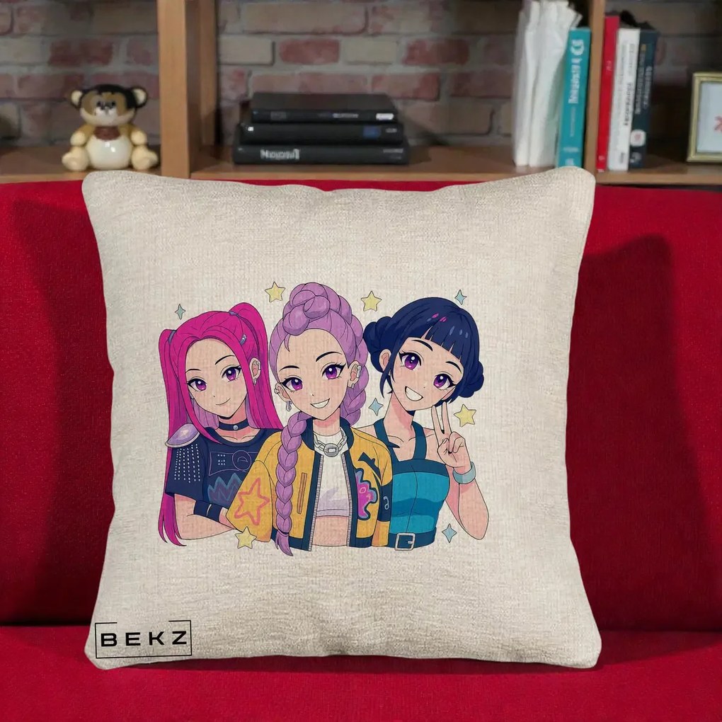 Perna Personalizata K-pop HUNTRX Trio Anime Stele, 40x40 cm, Bej Canapea, Husa Detasabila, Perna Inclusa, BEKZ®