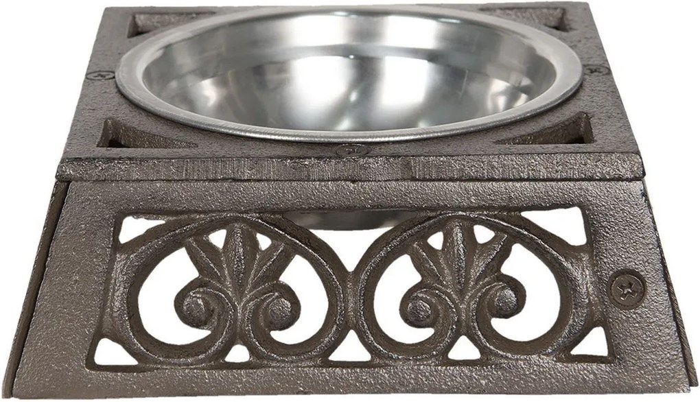 Bol hranire animale din inox cu suport din fier maro 18 cm x 18 cm x 6 h / 0.3 L