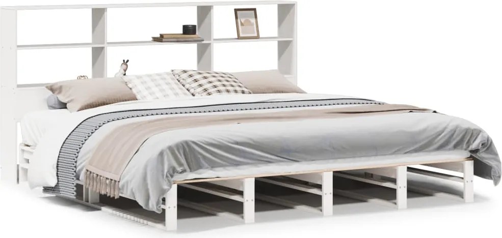 vidaXL Pat cu bibliotecă fără saltea, alb, 180x200 cm, lemn masiv