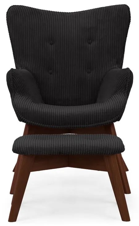 Fotoliu cu taburet negru cu tapițerie din catifea reiată Niko – Ropez