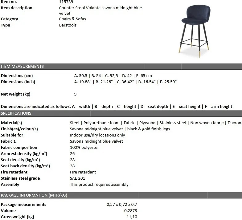 Scaun de bar design elegant LUX Counter Stool Volante, albastru 115739 HZ