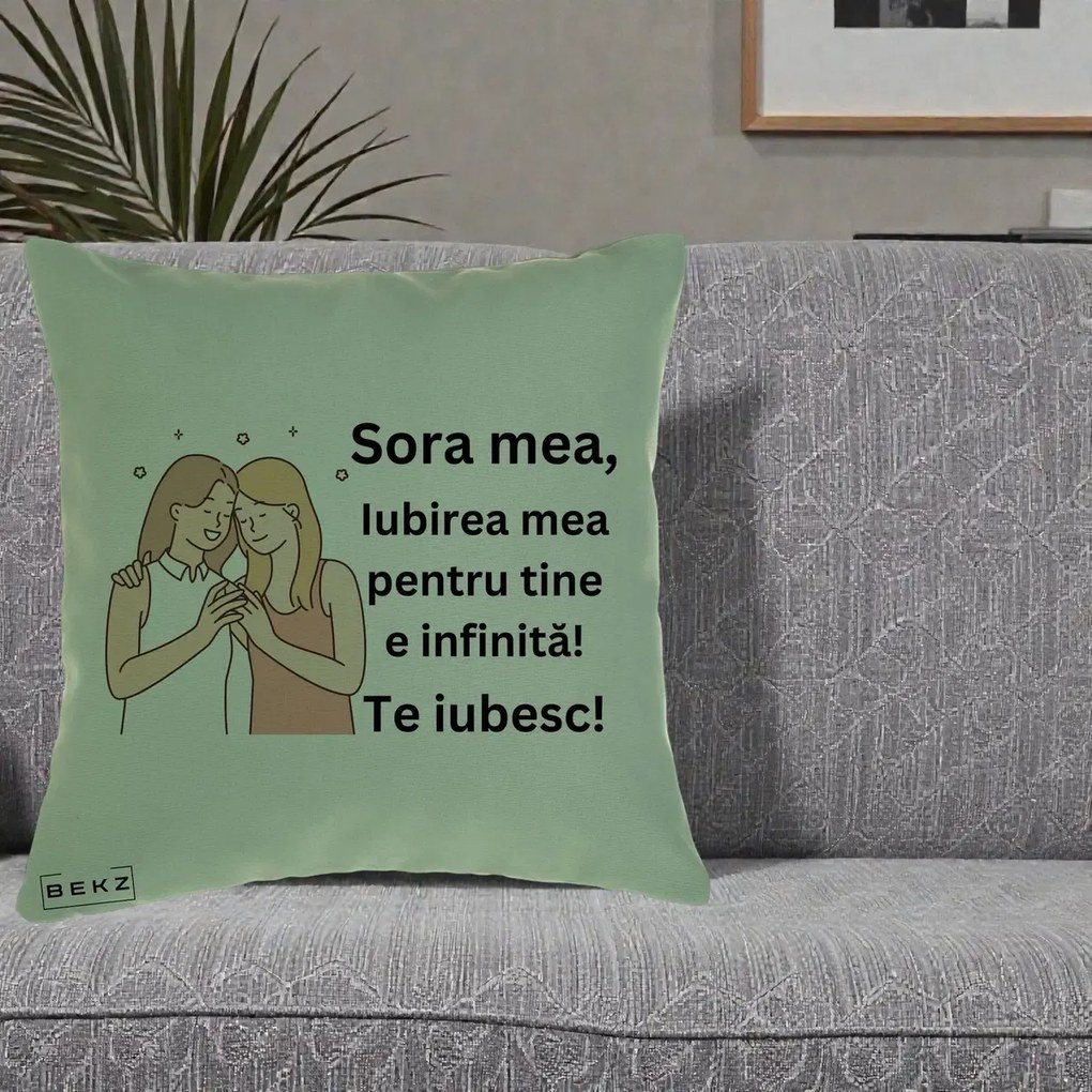 Cadou pentru Sora - Perna Personalizata Sora Mea Te Iubesc Imbratisare cu Sclipiri, 40x40 cm, Verde, Husa Detasabila, Perna Inclusa, BEKZ®