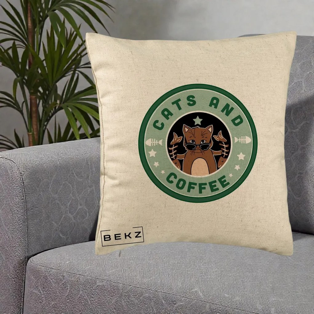 Perna Personalizata Cats and Coffee Starbucks, 40x40 cm, Bej, Husa Detasabila, Perna Inclusa, BEKZ®