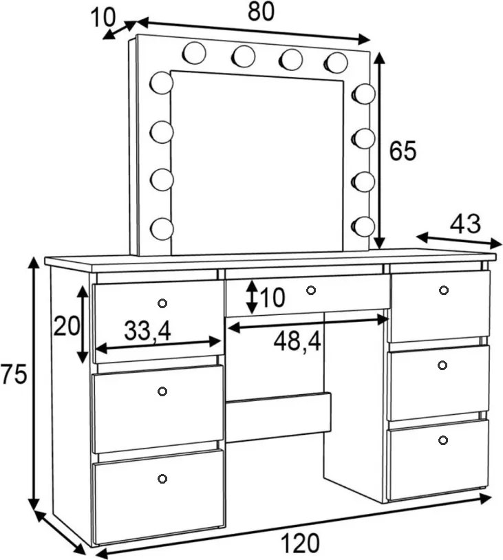 Masuta machiaj cu Oglinda LED si 7 Sertare pentru Cosmetice, Set Masa toaleta 120 cm, Alb, masuta cosmetica, vanity - SEA516C