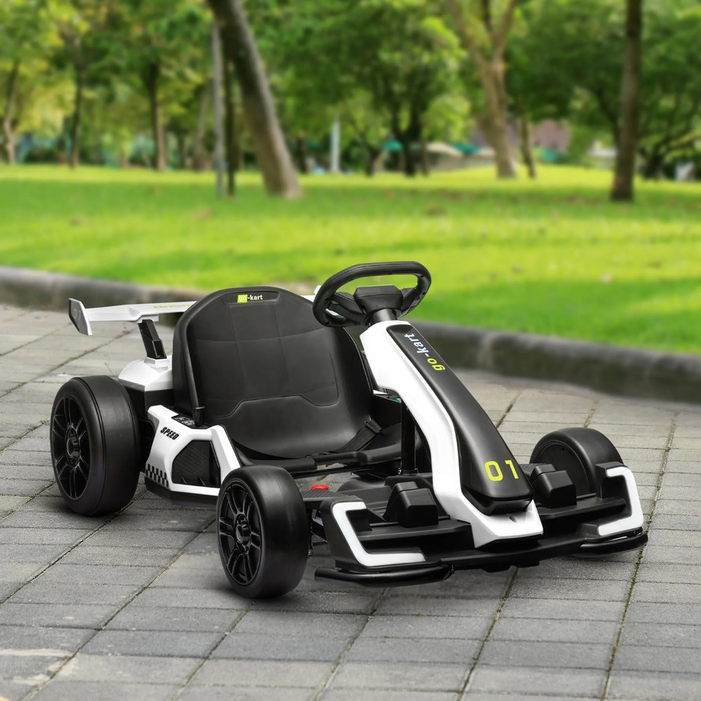 Kart electric pentru copii cu vârsta între 6-12 ani 24V 12km/h cu scaun reglabil, Drift Go-kart cu claxon, lumini, alb HOMCOM | Aosom Romania