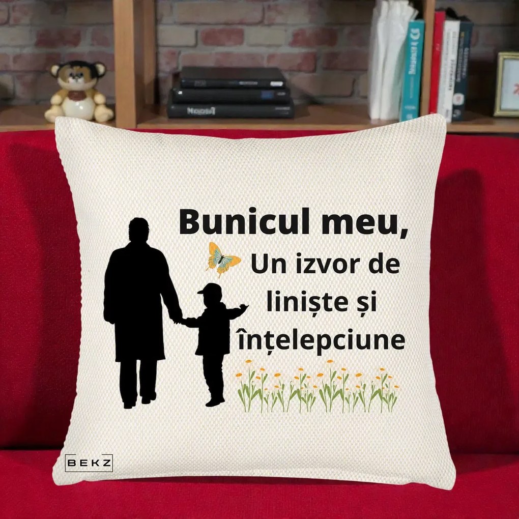 Cadou pentru Bunic - Perna Personalizata Bunicul Meu Izvor de Liniste cu Fluture si Baietel, 40x40 cm, Crem Reliefat, Husa Detasabila, Perna Inclusa, BEKZ®