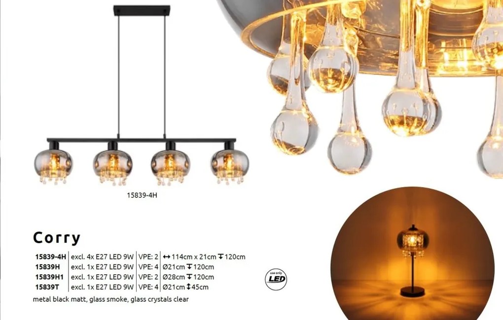 Lustra 4L design modern Corry negru, fumuriu