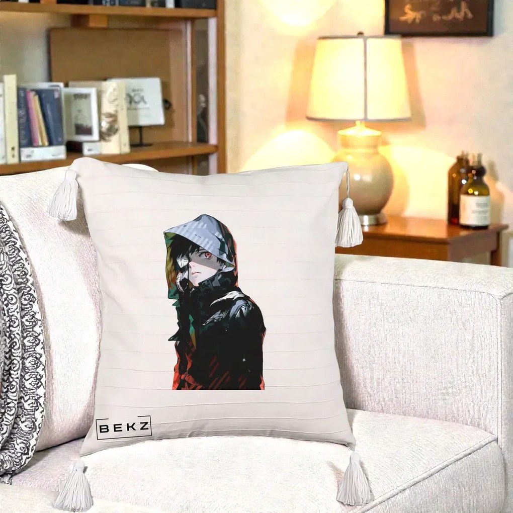 Perna Personalizata Tokyo Ghoul Ken Kaneki cu Masca si Gluga, 40x40 cm, Bej cu Franjuri, Husa Detasabila, Perna Inclusa, BEKZ®