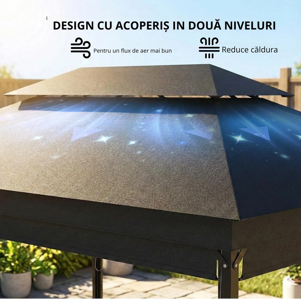 Outsunny Foișor de Grădină 4x3 m cu Perdele Laterale Rulante, Foișor Exterior cu 8 Orificii de Drenaj, Acoperiș Dublu și Structură Metalică, pentru Grădină, Balcon, Petreceri, Curte, Terasă, Gri Închis | Aosom Romania