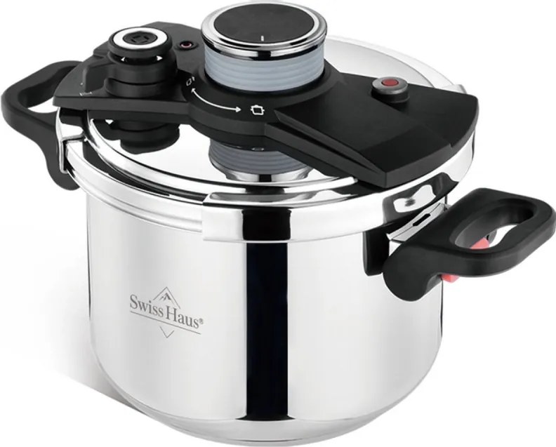 Oala sub presiune Swiss Haus SH-PCA8L, 8 l, 24 x 18,6 cm, 100 kPa, Otel inoxidabil, Fara PFAS, Fnd cu 3 straturi, Inductie, Argintiu