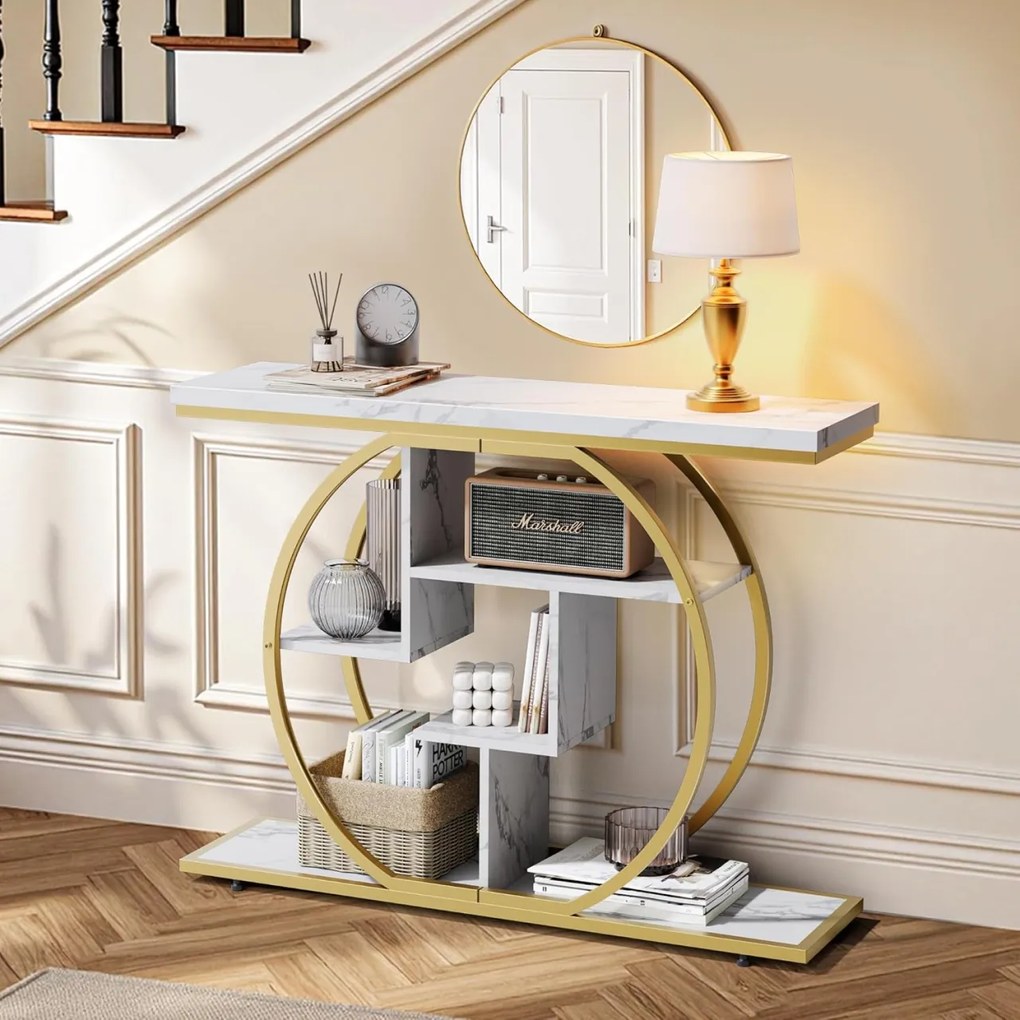 MAU43 - Masa Consola, 105 cm, masuta hol cu rafturi, living, dormitor - Auriu / Alb Imitatie de Marmura