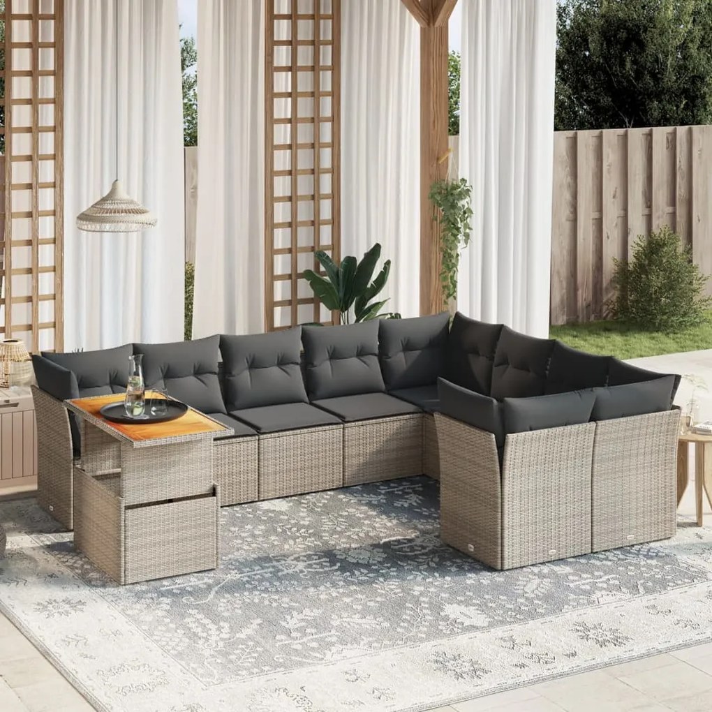 vidaXL Set mobilier de grădină cu perne, 10 piese, gri, poliratan