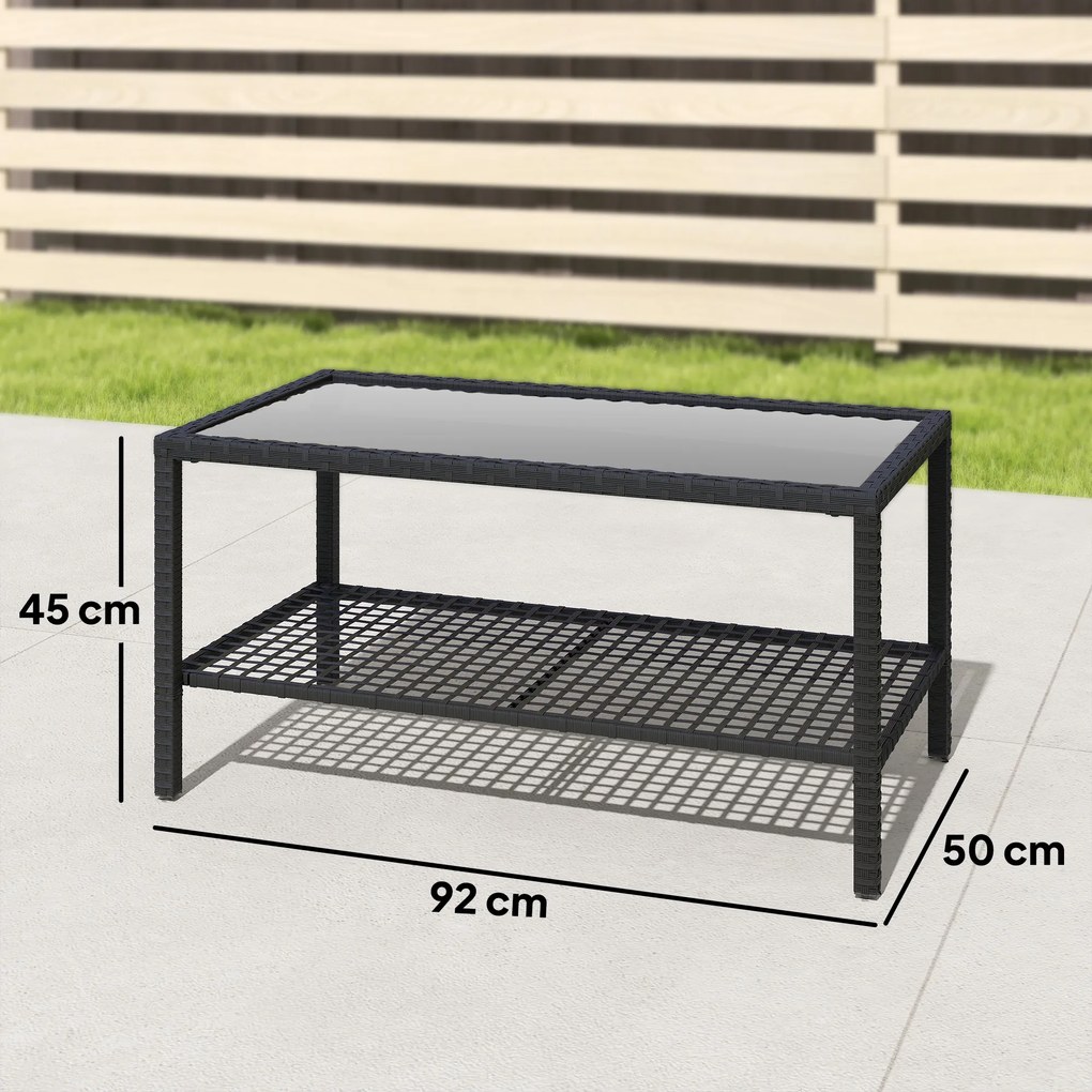 Outsunny Măsuță de Cafea din Ratan pe 2 Niveluri cu Raft, Blat din Sticlă Securizată, Măsuță de Exterior cu Cadru din Oțel, 92x50x45 cm, Negru | Aosom Romania