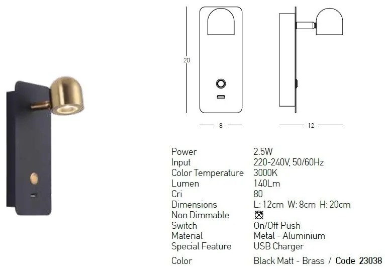 Aplica cu spot LED directionabil, USB Charger Bran negru/alama
