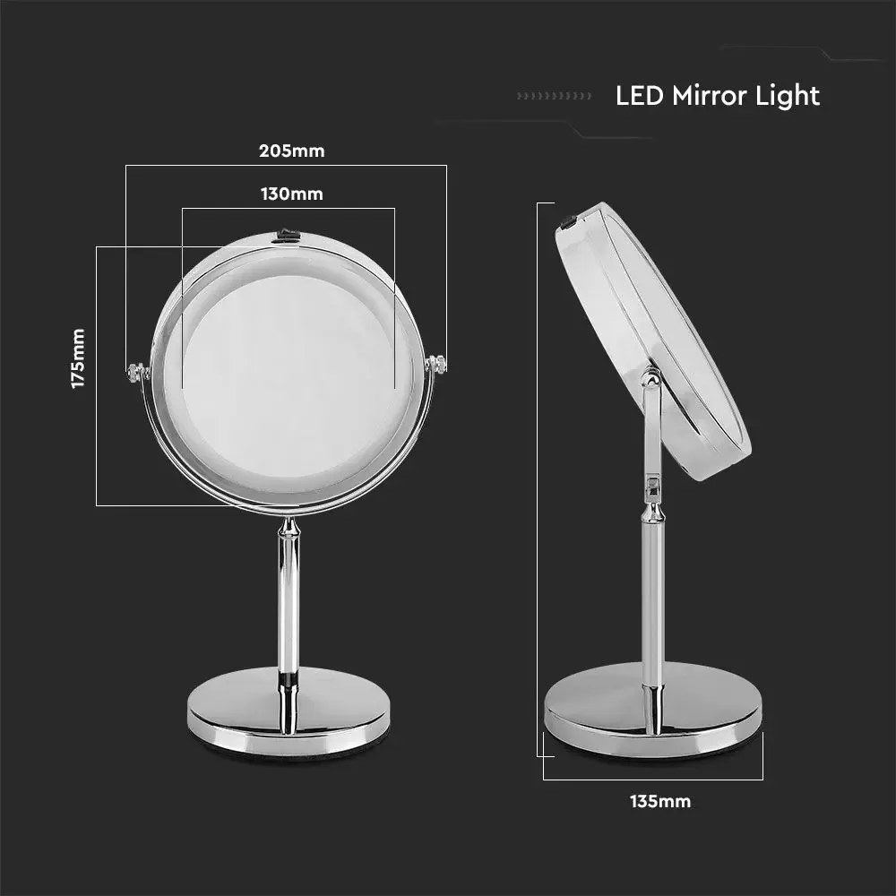 Oglinda dubla LED pentru machiaj 6629-VT, marire 1X sau 3X, stativ crom, alimentare cu baterii, V-TAC