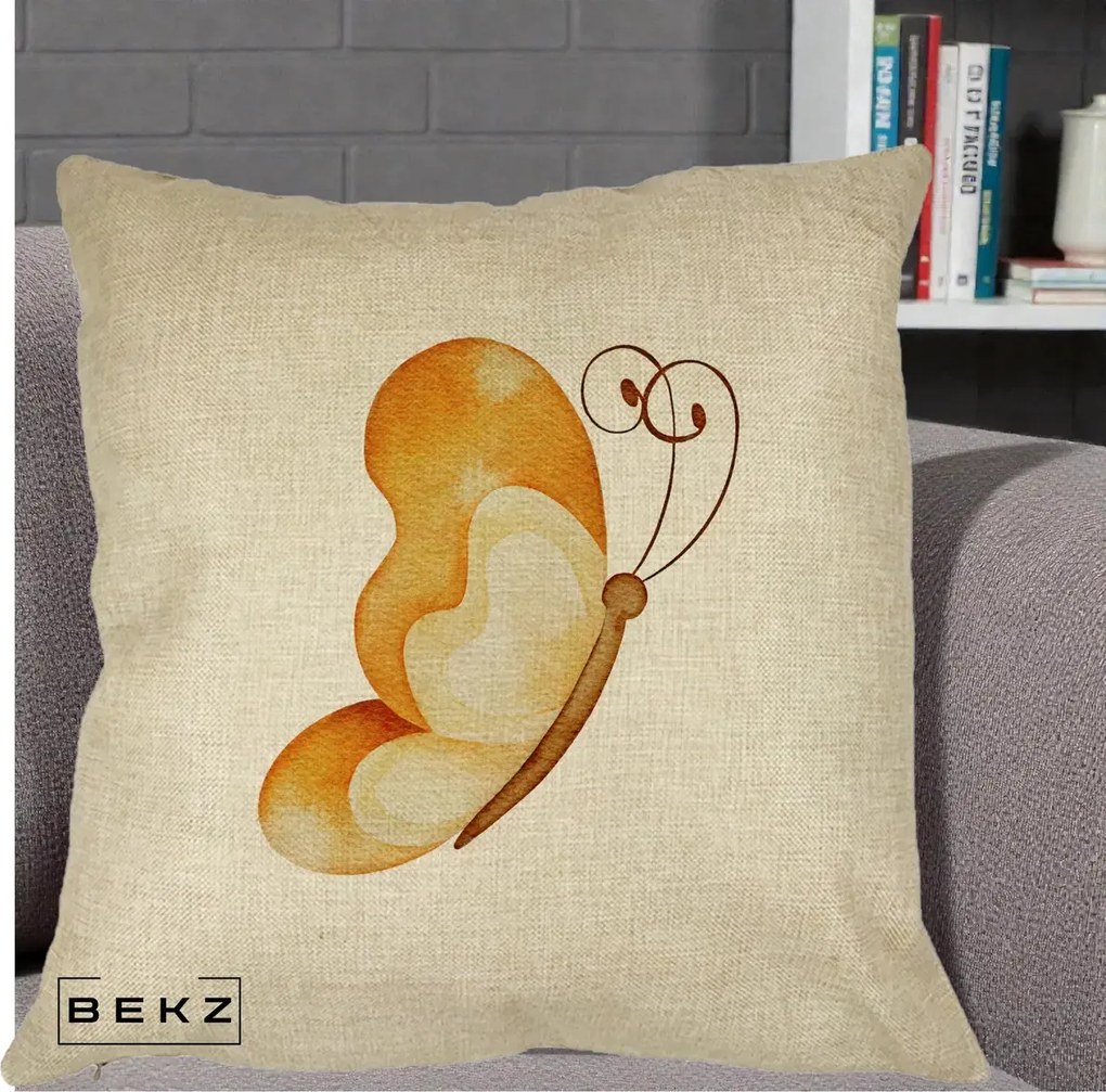 Perna Decorativa Fluture Acuarela Auriu, 40x40 cm, Crem, Husa Detasabila, Perna Inclusa, BEKZ®