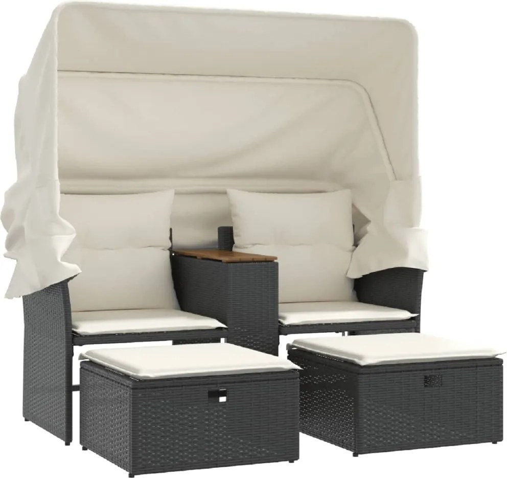 vidaXL Canapea de grădină cu baldachin și scaune, negru, poliratan