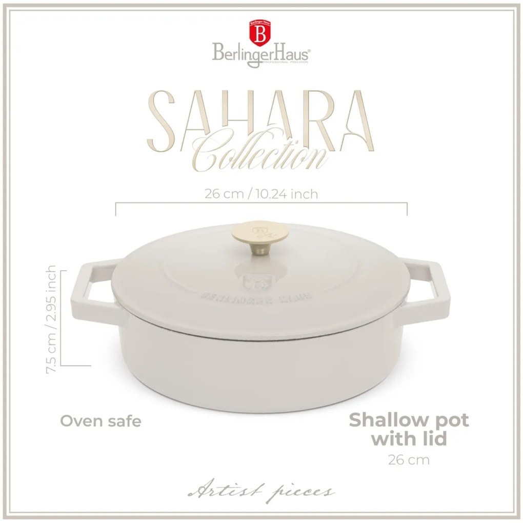 Cratiță din fontă emailată cu capac 26 cm, 2.57 L Berlinger Haus Sahara Collection BH 6530, crem, ideală pentru friptură și cuptor