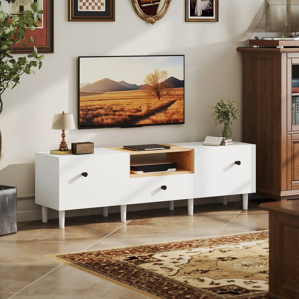 HOMCOM Mobilier TV, Suport TV până la 70" cu 2 Uși Rabatabile, Balamale Soft Close, Sertar, Raft Deschis, 8 Picioare pentru Sufragerie, Dormitor, 150x35x45 cm, Alb și Culoare Lemn | Aosom Romania
