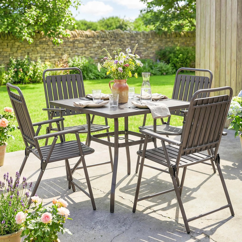 Outsunny Set de 4 scaune de grădină exterioare pliabile cu cotiere, spătar şi şezut, cadru metalic 55x63x93 cm Maro | Aosom Romania