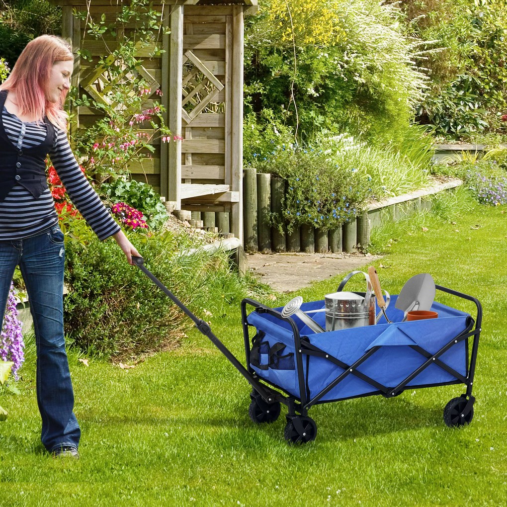 Outsunny Trolley de 62L pentru Festivaluri pe Roți, Cărucior de Grădină Pliabil, Wagon Compact cu Capacitate 120kg, Mâner Reglabil și Geantă pentru Plajă, Camping, Festivaluri, Albastru | Aosom Romania