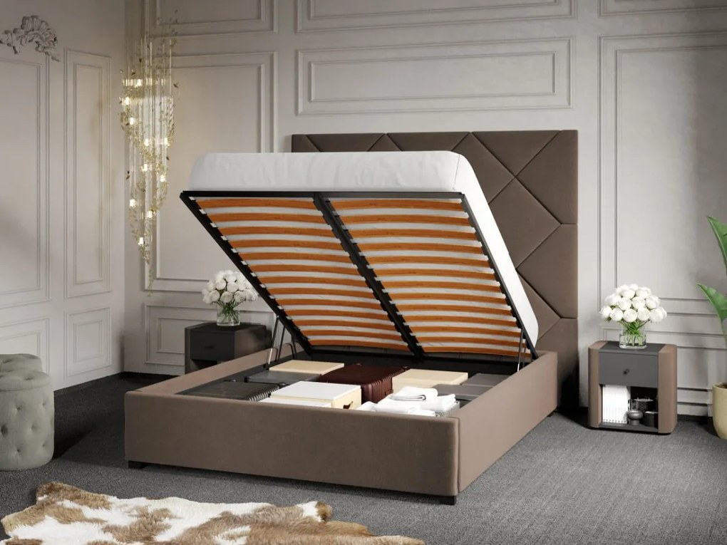 Pat Tapitat cu Panou 191x170 C2 Dubai cu somiera rabatabila si lada de depozitare Cappuccino - Velluto 29 140x200