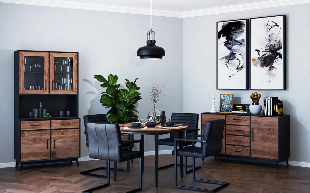 Bufet lemn masiv Timeless 2 Corpuri 2 Sertare 4 Uși 98x45/35x190 cm Negru