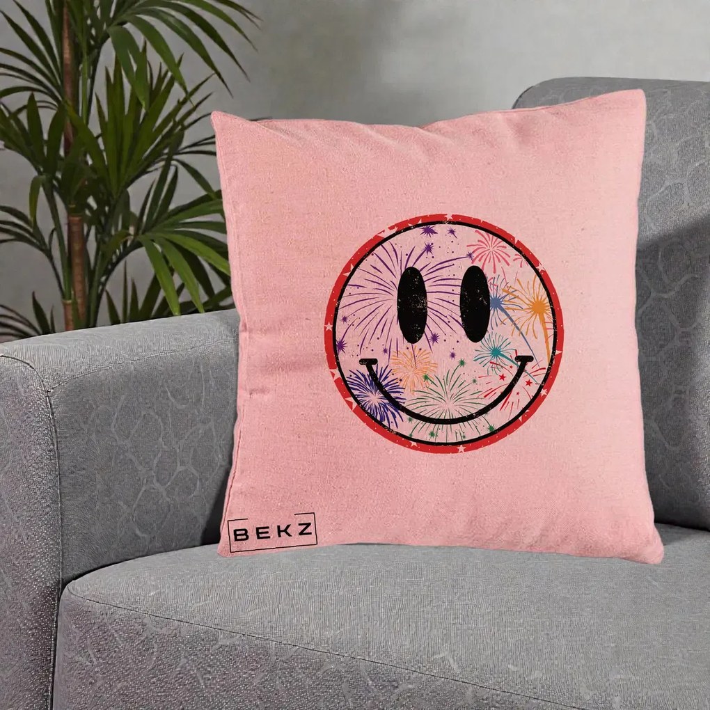 Perna Decorativa Smiley Face cu Artificii Multicolore, 40x40 cm, Roz, Husa Detasabila, Perna Inclusa, BEKZ®