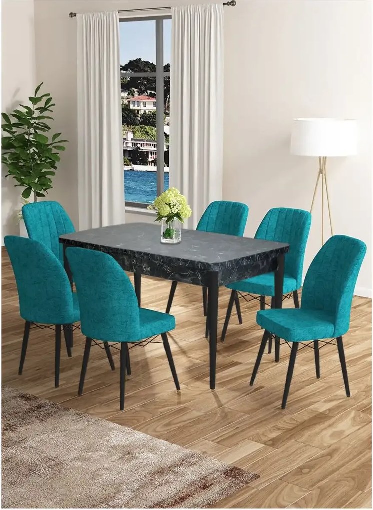 Set masa extensibila negru marmorat cu 6 scaune tapitate Cargold Turcoaz
