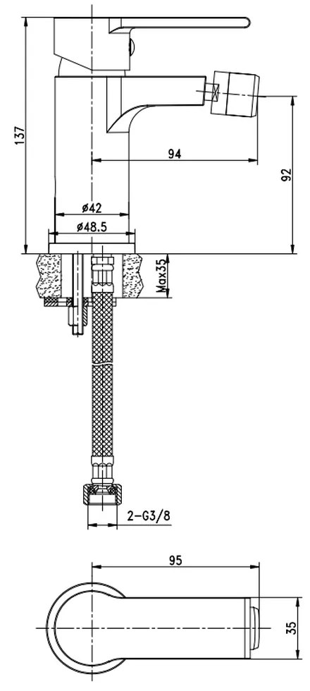 Baterie bideu din alama sanitara, pipa fixa 9,4 cm, crom lucios, cu ventil, Cersanit Brasco