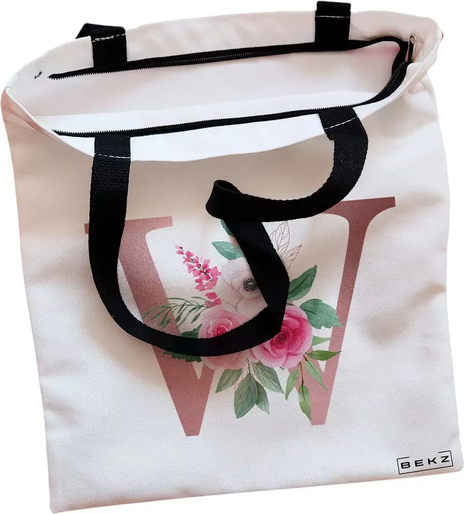Sacosa de Panza pentru Cumparaturi, Geanta Tote, Cu litera W Rose Gold si Trandafiri, Cu fermoar, 38x34.5 cm, Alba, BEKZ®