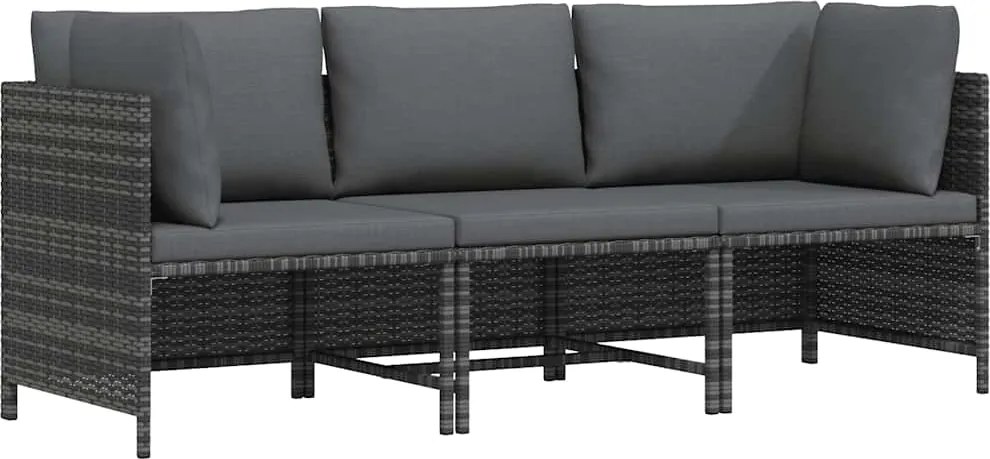 vidaXL Canapea de grădină cu 3 locuri, cu perne, gri, poliratan