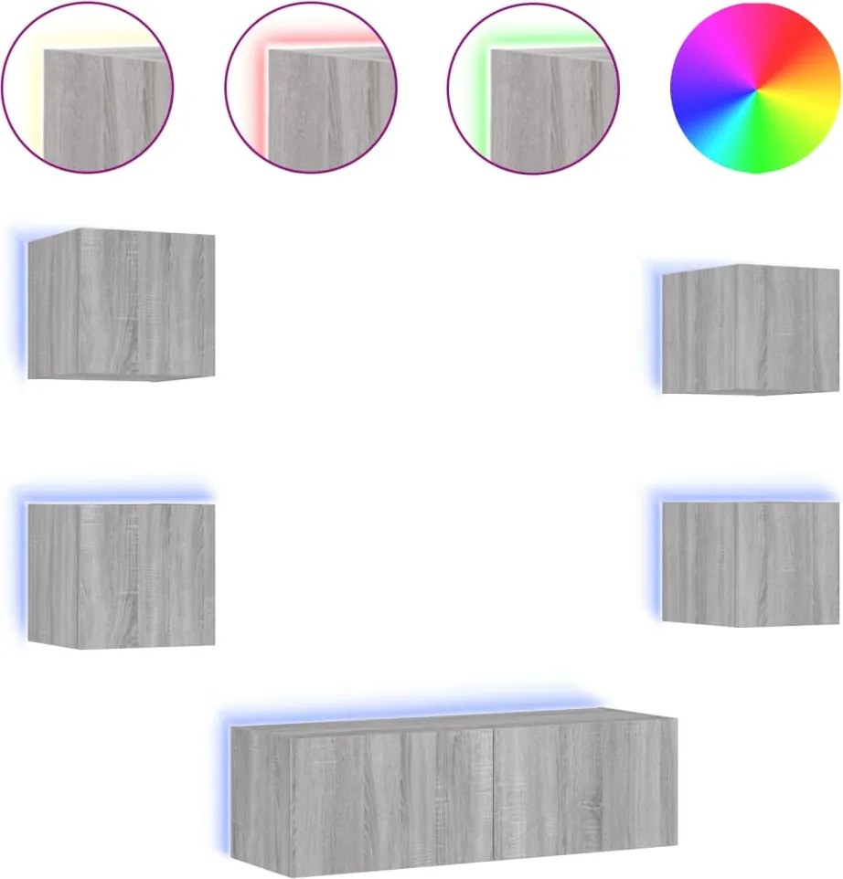 vidaXL Comode TV de perete cu lumini LED, 5 piese, gri sonoma