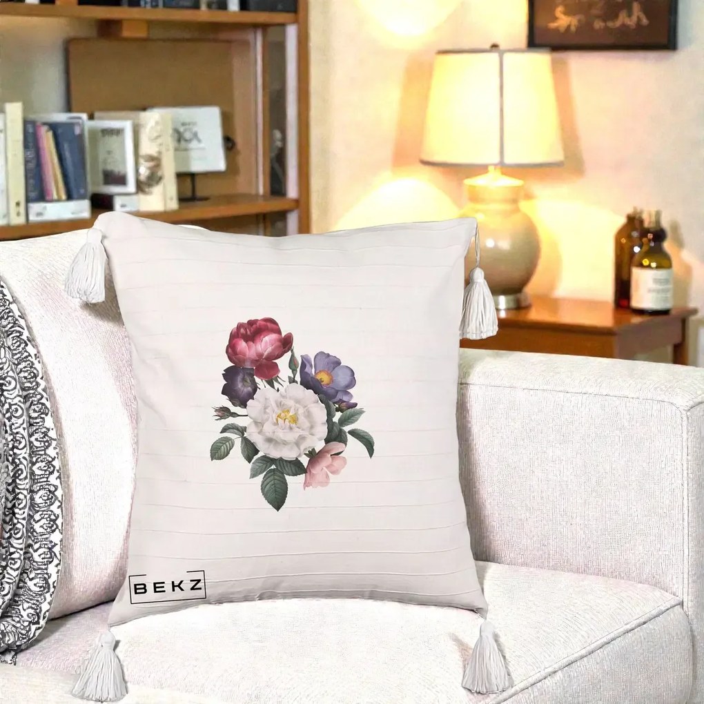 Perna Decorativa Buchet Trandafiri Bujori Botanical, 40x40 cm, Bej cu Franjuri, Husa Detasabila, Perna Inclusa, BEKZ®