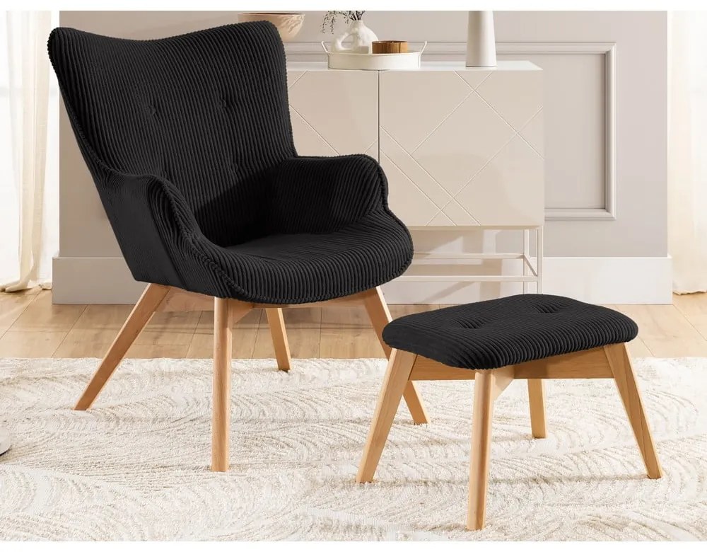 Fotoliu cu taburet negru cu tapițerie din catifea reiată Niko – Ropez