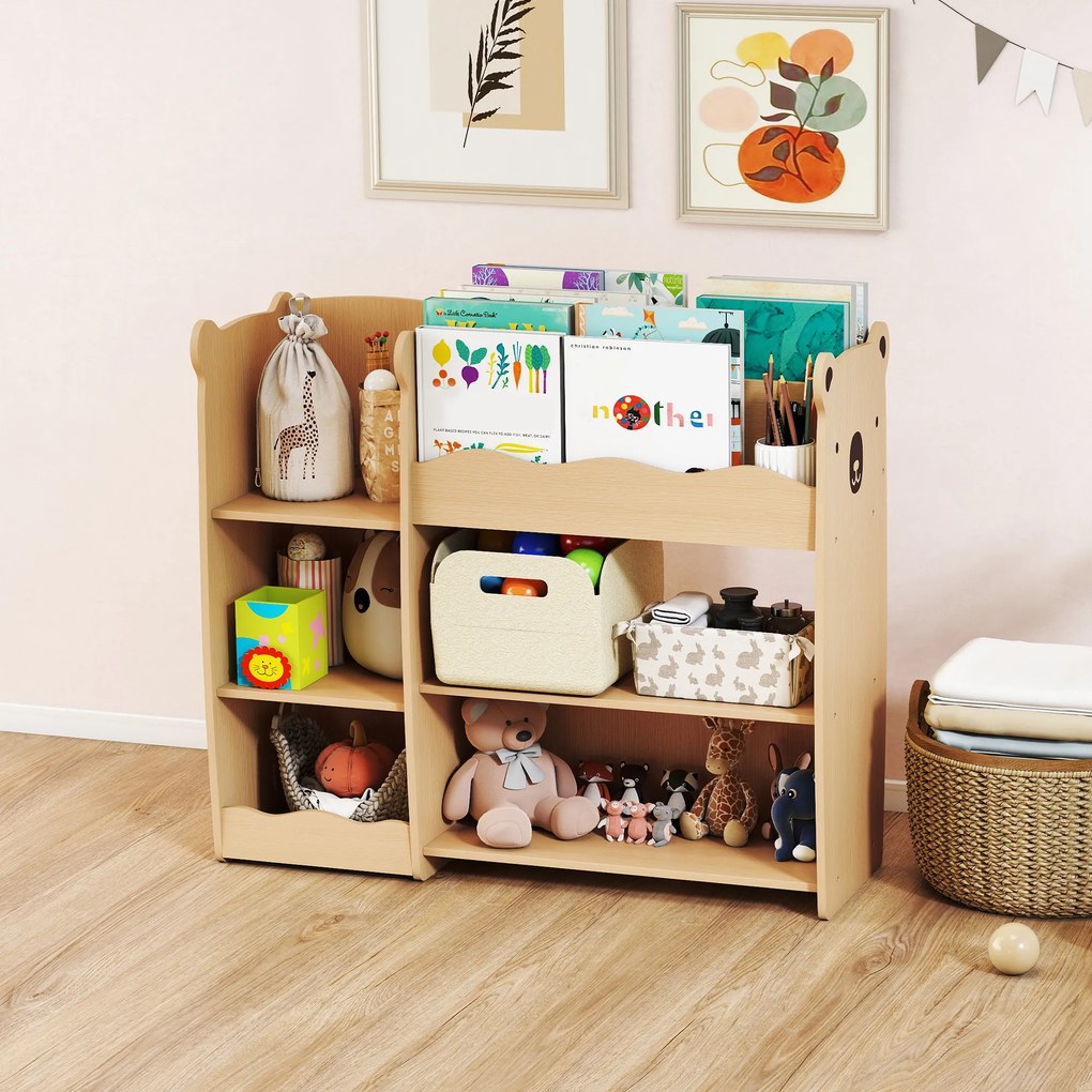 AIYAPLAY Raft pentru Jucării pentru Copii 3-8 Ani cu 7 Rafturi Deschise, Mobilier pentru Copii din MDF, 92x29x79 cm, Culoare Lemn | Aosom Romania