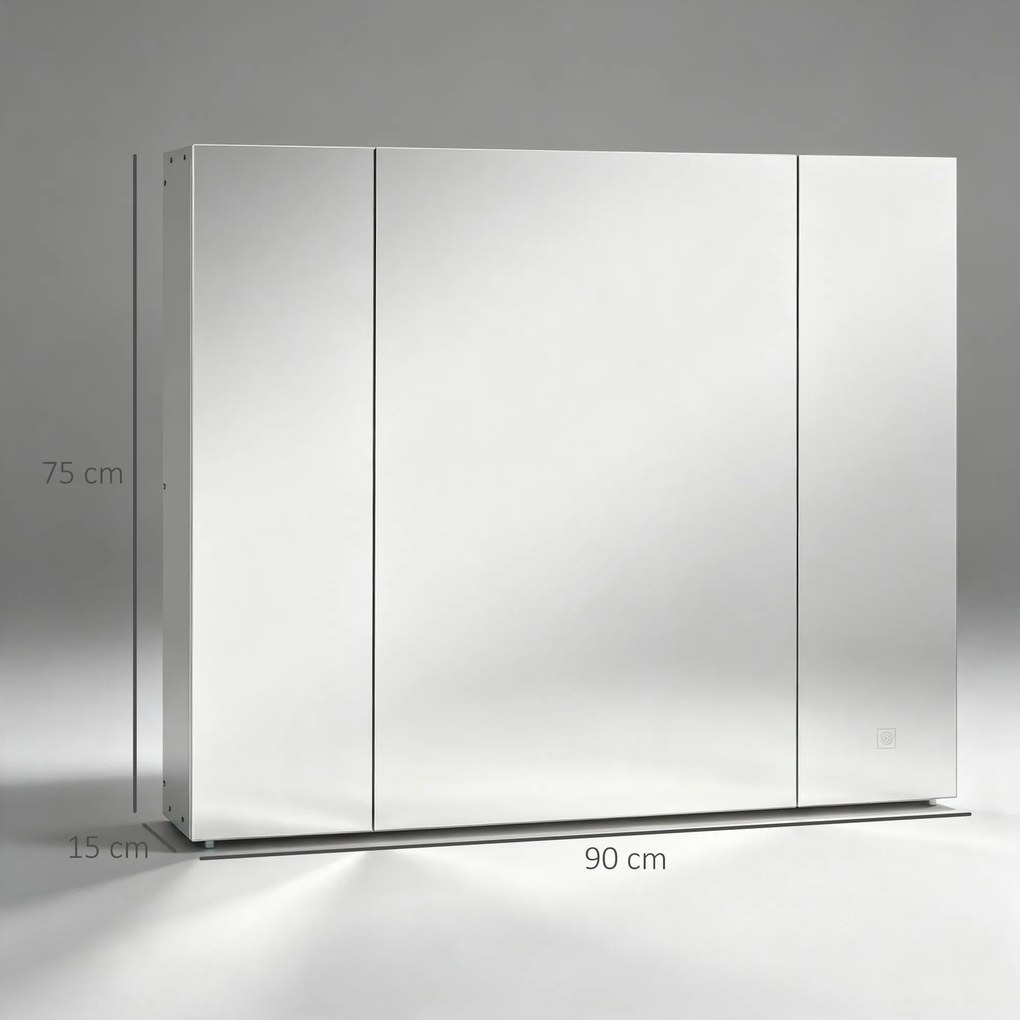 kleankin Dulap de baie cu oglindă și lumină LED, 90x15x75 cm, uși soft-close, reglabil în 3 culori, rafturi ajustabile, întrerupător tactil, alb | Aosom Romania