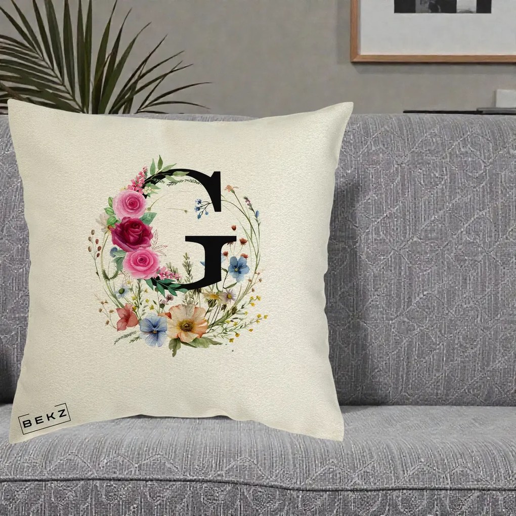 Cadou Personalizat - Perna Personalizata Monogram Litera G cu Flori Acuarela, 40x40 cm, Ecru, Husa Detasabila, Perna Inclusa, BEKZ®