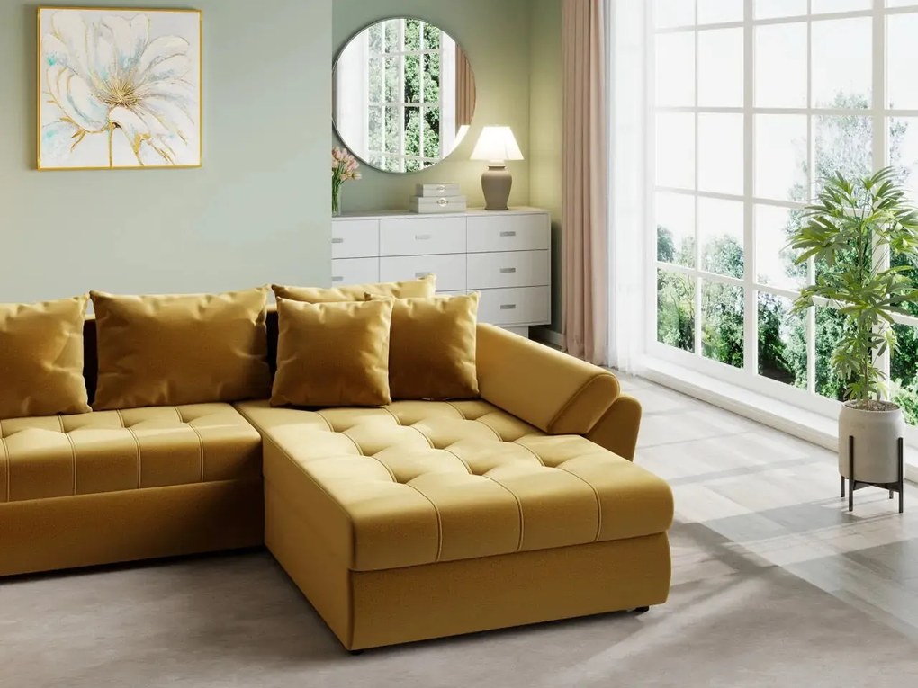 Colțar extensibil dumonde cu ladă de depozitare si sezut confortabil din spuma high-density, Loana U Royal Mustar 355x185 cm