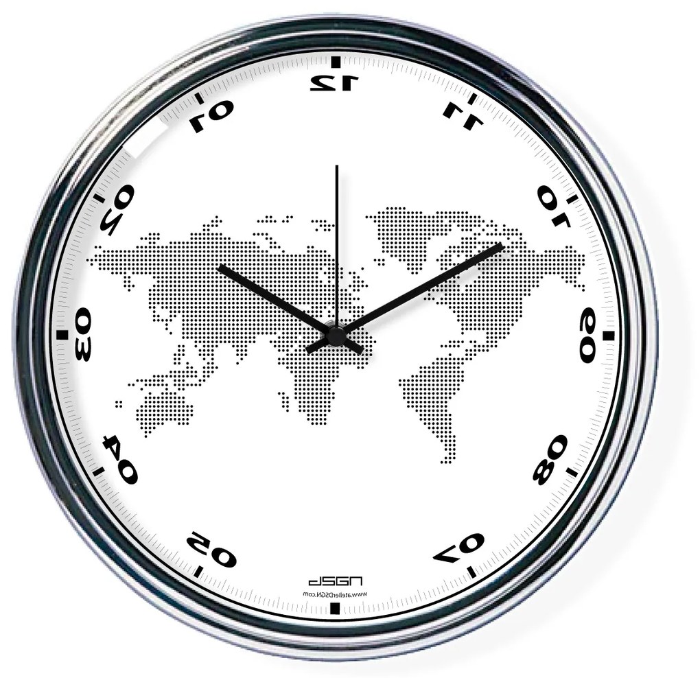 Ceas invers cu o hartă mondială - alb, diametru 32 cm | DSGN