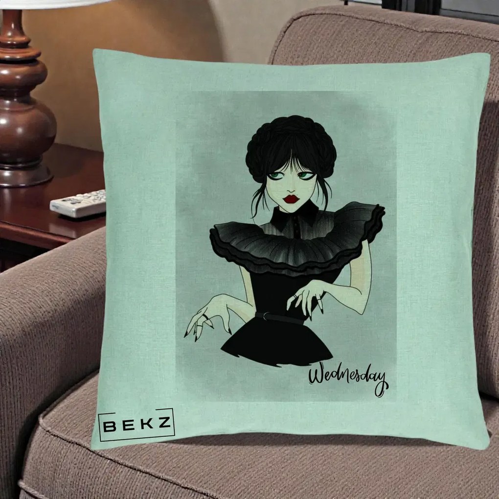 Perna Personalizata Wednesday Addams Portret Gotic, 40x40 cm, Verde Menta, Husa Detasabila, Perna Inclusa, BEKZ®