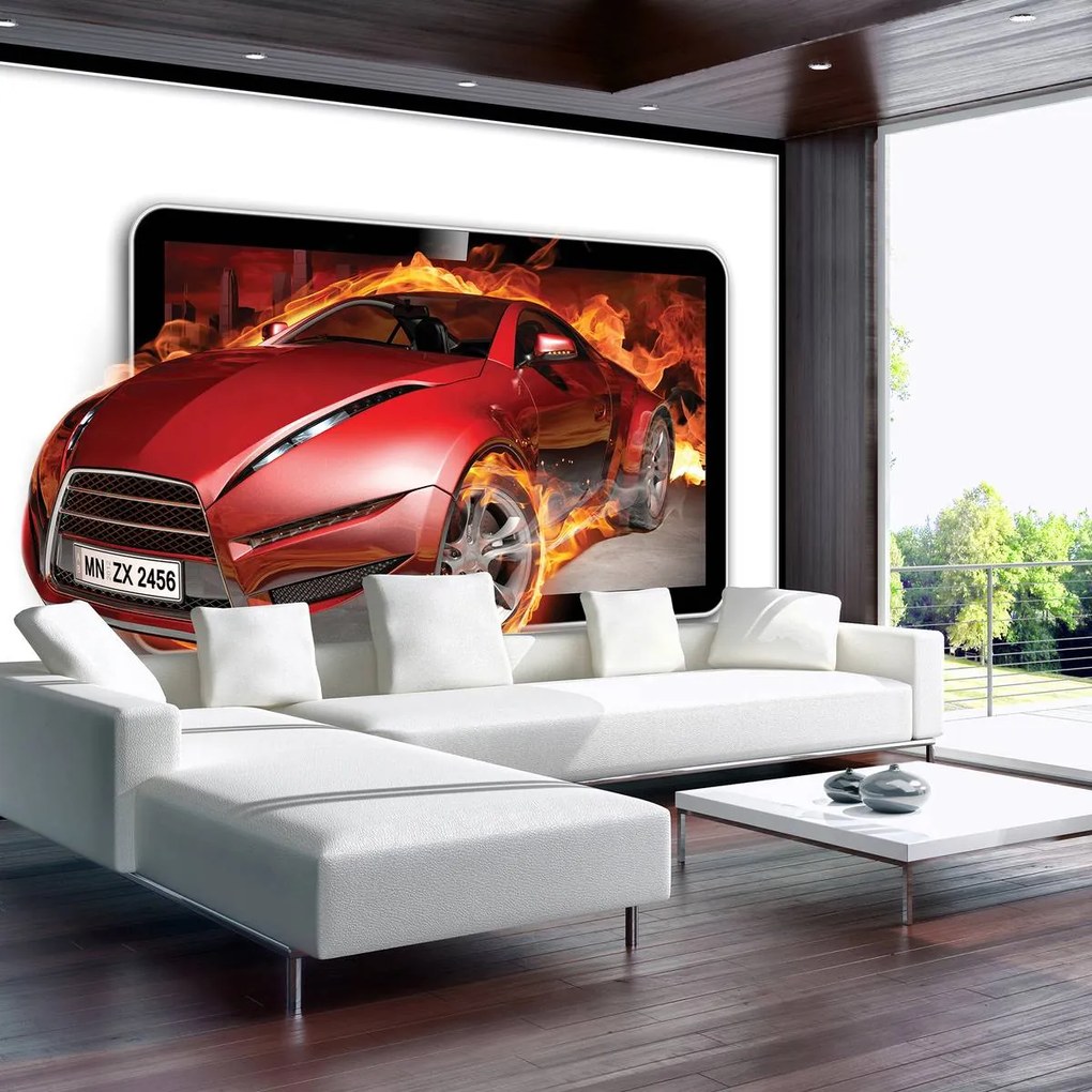 Fototapet - Mașina roșie în flăcări (152,5x104 cm)
