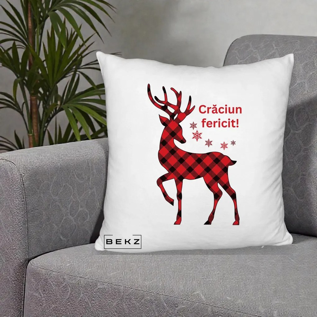 Perna Decorativa Ren Tartan Craciun Fericit, 40x40 cm, Alb Pufos, Husa Detasabila, Perna Inclusa, BEKZ®